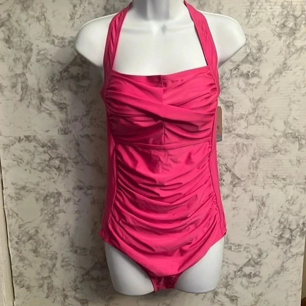 Smismivo Womens Pink One Piece Halter Padded Bra Swimsuit - Size Large